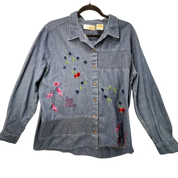 Vtg Bobbie Brooks Embroidered Denim Floral Shirt XL Floral Pintuck Blue Collar - Picture 1 of 16